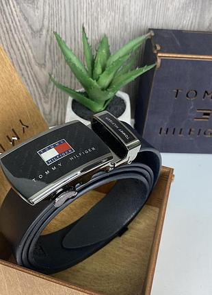 Мужской кожаный ремень автомат стиль tommy hilfiger, пояс из натуральной кожи томми черный