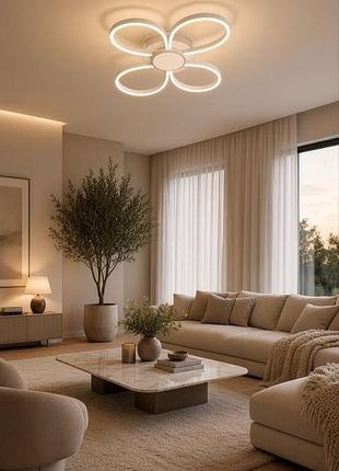 Светодиодная потолочная led люстра amdelne 36w с пультом ду, диммируемая (форма четырелистник / кольца, белая, 50 см)