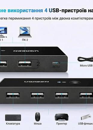 Usb-переключатель ugreen us216 usb 2.0 для 2 пк на 4 устройства micro usb черный 4