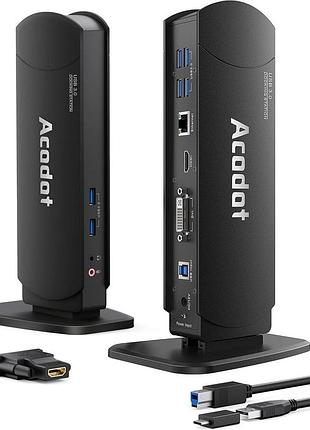 Универсальная док-станция для ноутбука acodot usb 3.0 с двойным дисплеем и hdmi и dvi / vga, gigabit ethernet,