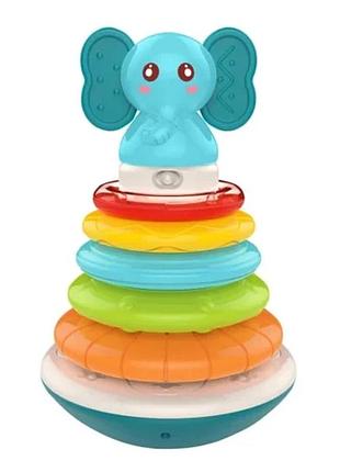 Пирамидка неваляшка слоненок maya toys, развивающая игрушка для малышей с кольцами и звуком, детская пирамидка he0295