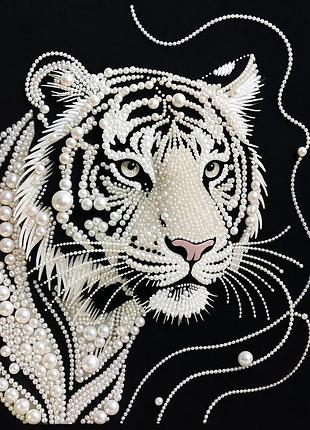 Жемчужная алмазная мозаика colorart белый тигр в жемчуге 40х50 см, круглые жемчужные стразы, на подрамнике, частичная выкладка mp1
