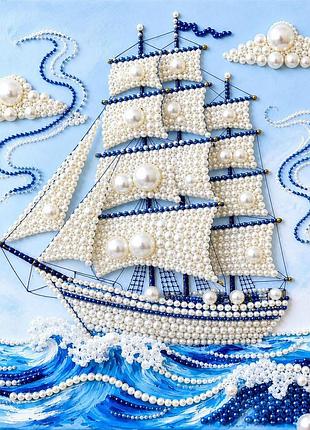 Перлинна алмазна мозаїка colorart перлинний кораблик 40х50 см, круглі перлинні стрази, на підрамнику, часткова викладка mp1802
