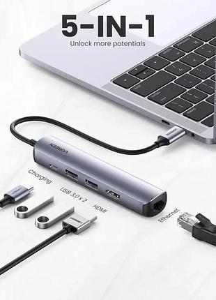 Usb розгалужувач хаб ugreen cm418 usb-c to 2*usb 3.0+hdmi+rj45 ethernet adapter+pd (10919)