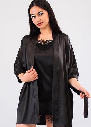 Комплект для дома халат с кружевом+пеньюар атлас шелк (черный/черный) 50