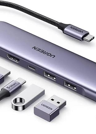 Ugreen cm195 - usb-c хаб для ноутбука 7-в-1, 4k hdmi, зарядка 100вт, порти usb-c та 2 порти usb-a, 5 гбіт/с, зчитувач карт sd/tf
