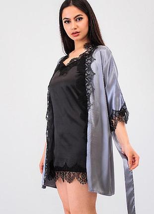 Шовкова домашня халат із мереживом + пеньюар атлас шовк, гарний домашній одяг 44 46