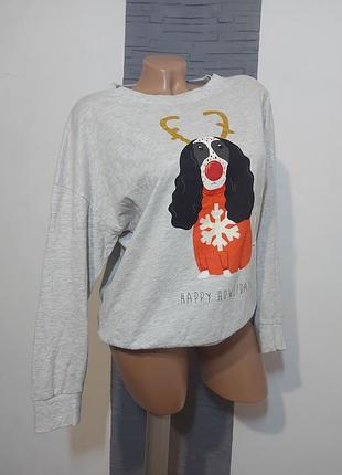 Лонгслив оверсайз, трикотажная кофточка новогодний принт