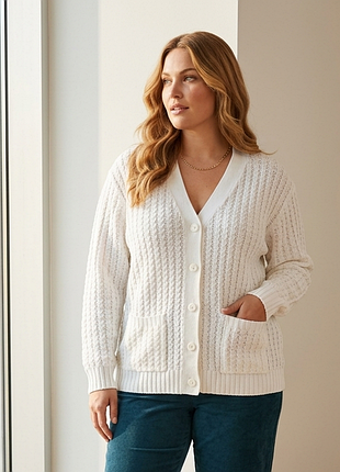 Молочний фактурний кардиган на ґудзиках damart 4xl - 5xl плюс сайз батал