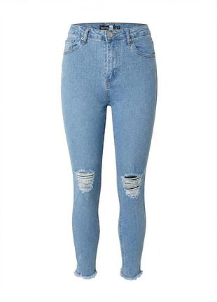 Голубые джинсы скинни с дырками на коленях и необработанным низом boohoo blue, размер m (uk 10 / eur 38)