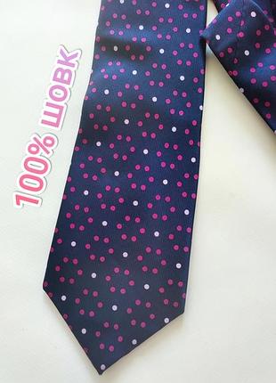 Краватка 100% шовк marks and spencer pure silk малюнок чоловіча широкий галстук синій принт silk seta seda рожева сілк шовкова синя жіноча в горошок