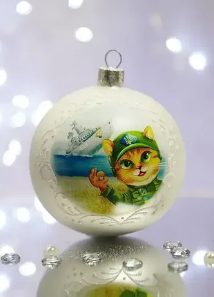 Елочный шар santa стеклянная белая глянцевая 8,5 см. котик зу