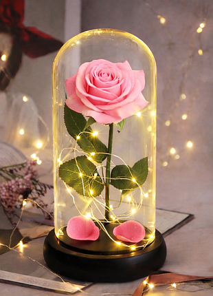 Роза в колбе с led подсветкой на черной подставке