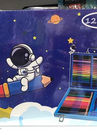 Набор для рисования&nbsp;в чемодане 128 элементов, краски, карандаши, фломастеры, восковые карандаши для мальчика с космонавтом, для девочки пони 3