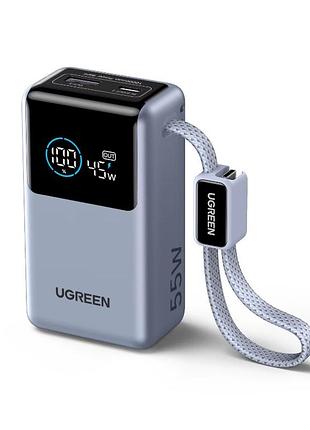 Компактный повербанк ugreen 55w 10000mah pb727 со встроенным кабелем type-c и цифровым дисплеем