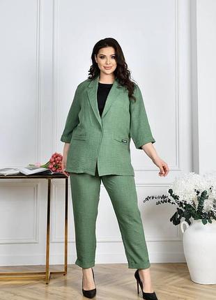 Женский легкий стильный костюм пиджак и брюки exclusive xl-2xl (52-54) оливковый