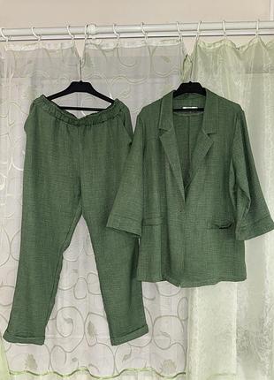 Женский легкий стильный костюм пиджак и брюки exclusive xl-2xl (52-54) оливковый