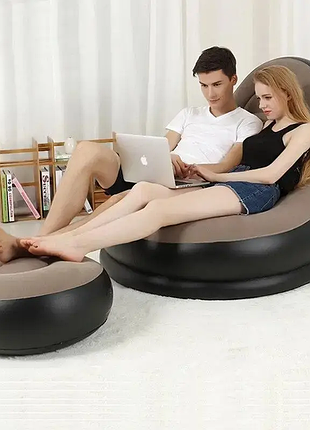 Надувной диван с пуфом air sofa / надувное велюровое кресло с пуфом+насос бежевый