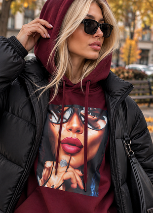 Женское худи с принтом бордовое oversize casual style