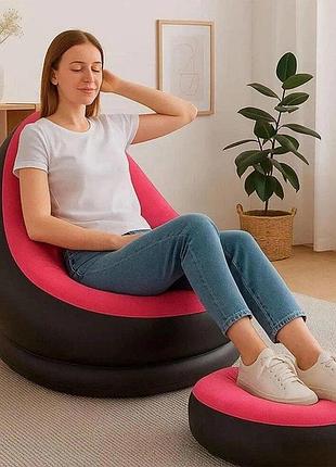 Надувной диван с пуфом air sofa / надувное велюровое кресло с пуфом+насос розовый