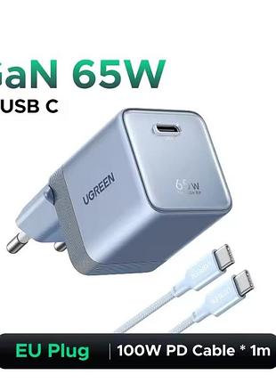 Зарядний пристрій ugreen 65w ultra-compact x860 type-c +cable blue