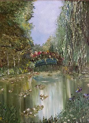 Картина маслом "мостик над прудом с водяными лилиями", разм. 20х25