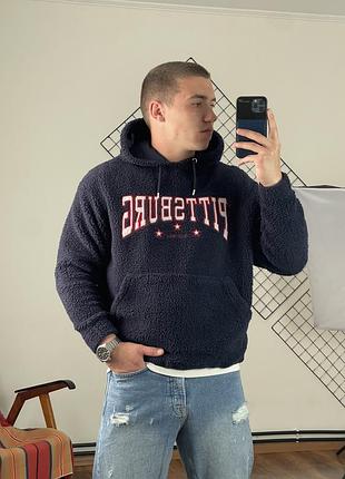 2444 / темно синє плюшеве худі asos pittsburg teddy navy hoodie