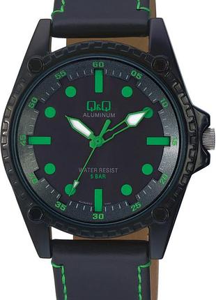 Чоловічий годинник q&q aluminum al08j542y алюмінієвий корпус водозахист 50 м чорний циферблат зелені мітки