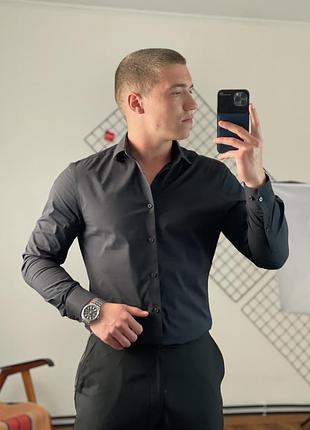2447 / чорна базова приталена сорочка moss slim fit