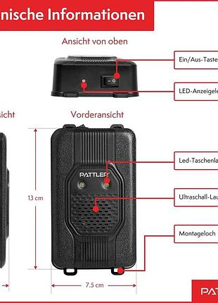 Ультразвуковой отпугиватель куниц pattler с вспышкой led (12v / aa / usb)