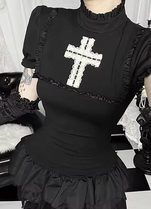 Ефектний чорний топ з хрестом у готичному стилі (jirai kei / gothic lolita