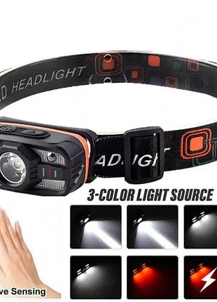 Налобный фонарь xpe+smd+красный свет. аккумулятор, датчик движения, type-c, wh-0188