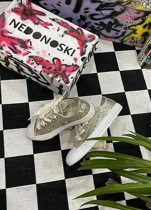 Подростковые низкие кеды converse chuck taylor all star big eyeles золотистого цвета с блестками и широкими атласными шнурками-бантами