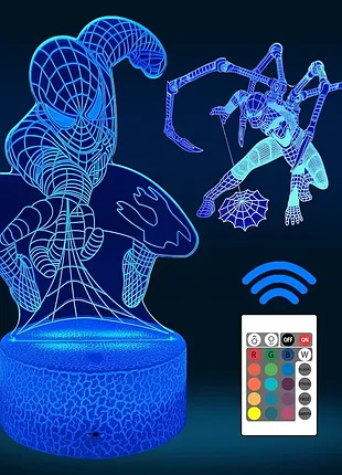 Нічник 2 в 1 людина-павук з 3d ефектом, різнокольоровий, rgb, з пультом.