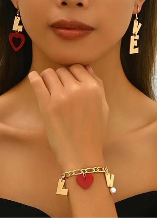 Набор браслет и серьги с подвесками сердца love, 3004