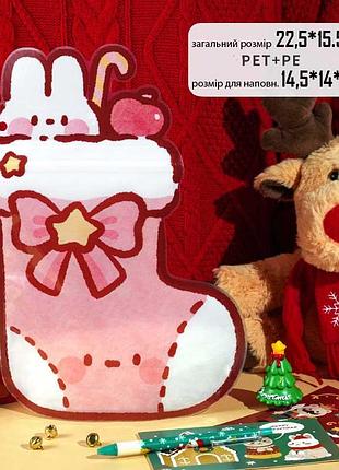 Новорічний подарунковий пакет мішок 22,5*15,5*6 см чобіт червоний зайка
