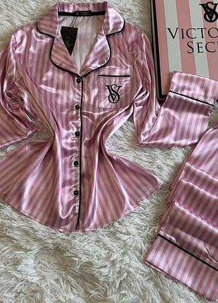 Пижама женская шелковая розовая victoria's secret satin с коробкой – сатиновая пижама виктория сикрет