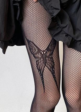 Колготки в сетку с бабочкой черные one size