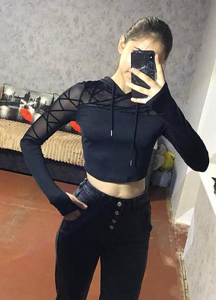 🖤 чорна жіноча кофта з прозорими рукавами та капюшоном