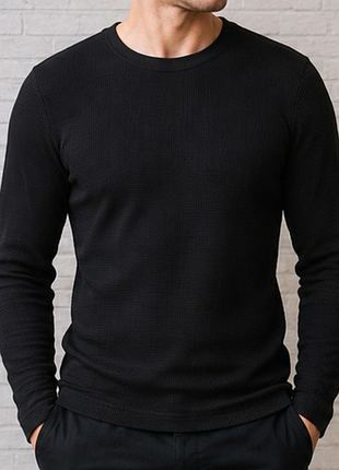 Лонгслив h&amp;m crewneck slim fitm черный вафельный 100% хлопок