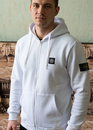 Зимове зіп-худі stone island original на флісі біле спортивна кофта на змійці з капюшоном утеплена модна стильна молодіжна