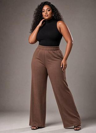 Женские брюки палаццо батал solinna — широкие трикотажные штаны плюс сайз на резинке трикотажный габардин (модель 311) кофейный, 58-60