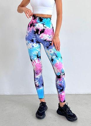 Спортивные женские леггинсы (лосины) marble blot tie-dye с эффектом пуш-ап для фитнеса и йоги бесшовные - s