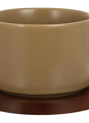 Набор (6 шт) фарфоровый: чашка 200мл с древесным блюдцем, natural serving grey