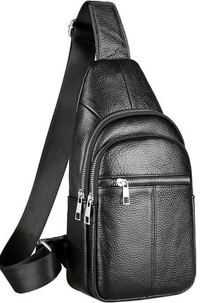 Мужской кожаный слинг сумка-рюкзак через плечо черная tiding bag-mk 83423