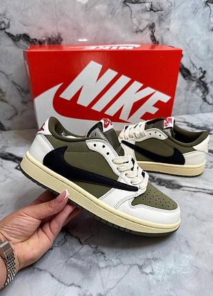 Жіночі кросівки nike air jordan 1 low travis scott khaki white black джордан білого з чорним та хакі кольорів