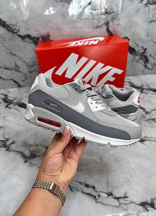 Мужские кроссовки nike air max 90 grey white red найк серого с белым и красным цветами