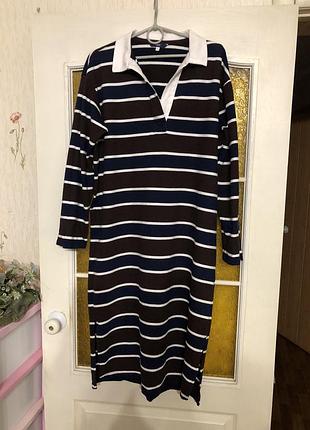 Платье поло в синюю и коричневую полоску с белым воротом, размер м, l. 👗 имеет состояние новой вещи, бренд next. длинный рукав с разрезами