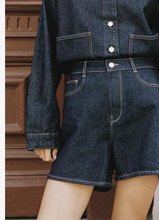 Джинсові шорти темно синього кольору zara жіночі висока посадка мом фіт