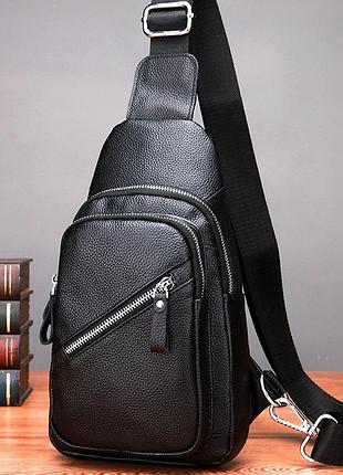 Мужской слинг сумка через плечо кожаная черная tiding bag 33737